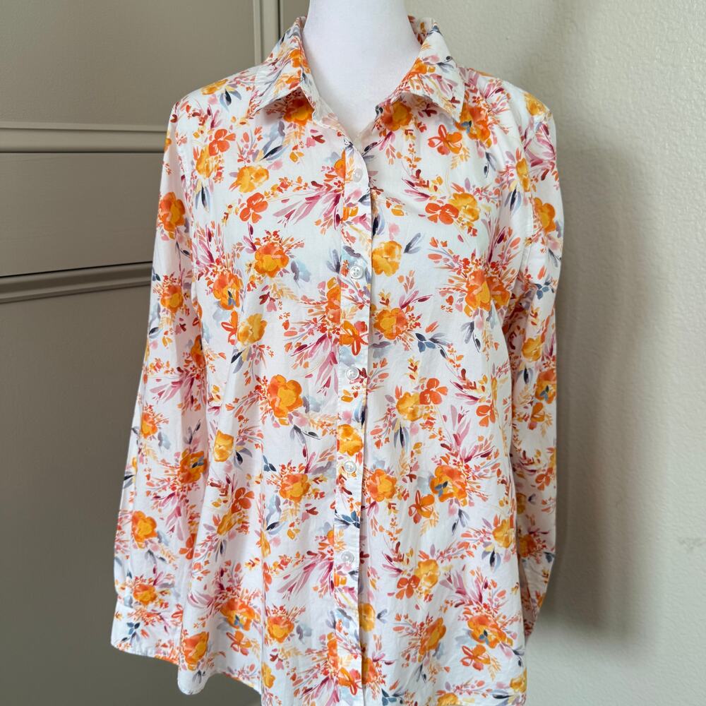 Garnet Hill White Orange Pink Floral Fitted Button Front Shirt Size 8